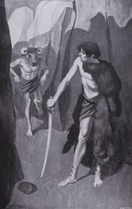 Theseus met the Minotaur in a narrow chasm by Thomas Heath Robinson