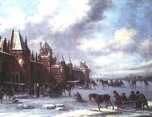 Dutch Estuary Scene with Figures Skating and a Castle Beyond by Thomas Heeremans