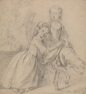 Two Girls in a Landscape, One Riding a Lamb