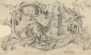 Design for a Tablet for a Chimney-Piece with Two Swans in Combat, Enclosed within a Scroll by Thomas Johnson