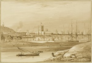Bristol from Coronation Road with Cumberland Road, the New Cut and a view of the churches of Bristol by Thomas Leeson the Elder Rowbotham