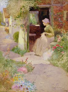 A Girl Sewing at the Door of a Cottage by Thomas Mackay