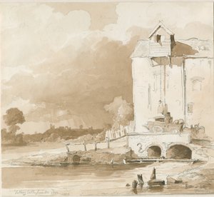 Tutbury Castle: Distant view from the River Dove: pencil and wash drawing, 1836