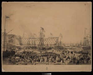 The Launch of the Trafalgar, in the presence of Her Most Gracious Majesty Queen Victoria and His Royal Highness Prince Albert, at H.M.Dock Yard, Woolwich by Thomas Picken