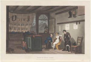 Boot & Shoe Shop, from Poetical Sketches of Scarborough, 1813 by Thomas Rowlandson, Joseph Constantine Stadler, J. Bluck