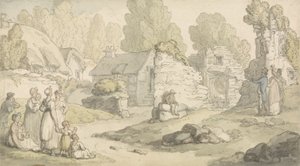 A Village Scene with Figures and Ruined Buildings by Thomas Rowlandson