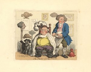 Barber and customer in a barbershop decorated with wigs