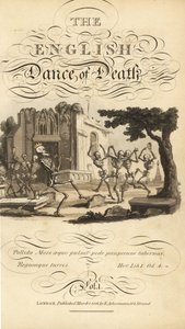 Calligraphic Title and Vignette of Skeletons Dancing with Tambourines and Horns in a Graveyard Near a Ruined Church by Thomas Rowlandson