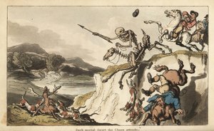 Death with His Dart on a Skeletal Horse Rides Over a Cliff as an Unfortunate Huntsman and His Dogs Fall to Their Deaths. Other Hunting Dogs Tear Apart a Stag (Handcoloured Copperplate by Thomas Rowlandson)