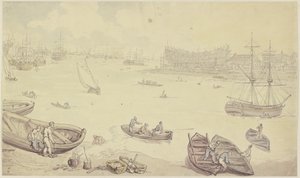River with Many Ships and a Shipyard by Thomas Rowlandson