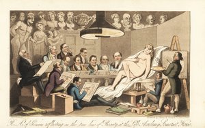 Georgian artists including Benjamin West, Thomas Lawrence, Benjamin Haydon, Joseph Farrington, Richard Westall and Martin Archer Shee drawing a nude model, while classical busts look down. Royal Academicians of Genius reflecting on the true line of Beauty by Thomas Rowlandson