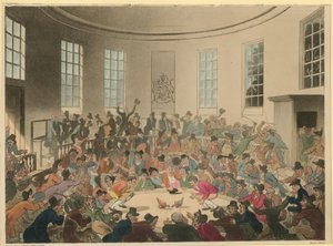 Illustration depicting a crowd watching a cock fight by Thomas Rowlandson