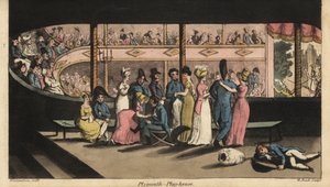 Johnny and other Midshipmen on shore leave wait a play at Plymouth Playhouse by Thomas Rowlandson