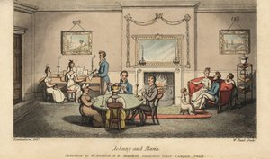 Johnny Courting Maria in a Parlor while Others Play Cards and Sing Songs in Front of the Hearth by Thomas Rowlandson