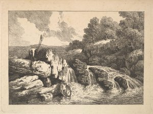 Landscape with Two Fishermen Climbing Rocks Next to a Waterfall by Thomas Rowlandson