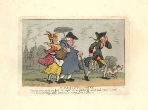 Man and woman lost in the countryside in a night storm by Thomas Rowlandson