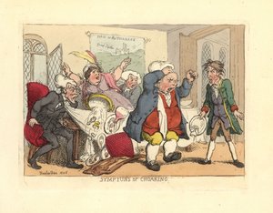Man Standing Up While Choking at the Dinner Table