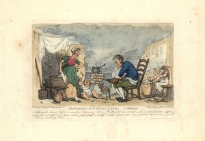 Man using bellows in front of a fire in a smoky room