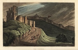 Scarborough Castle: Tourists Walking Up the Hill to the 12th Century Stone Castle. Handcoloured Copperplate Engraving by Thomas Rowlandson After a Sketch by J. Green from Poetical Sketches of Scarborough, Ackermann, London by Thomas Rowlandson