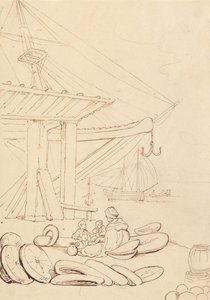 Sketch of a Woman and Children Sitting on a Shipping Dock by Thomas Rowlandson