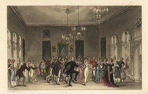 The Ball Room: fashionable tourists dancing in Scarborough Assembly Rooms by Thomas Rowlandson