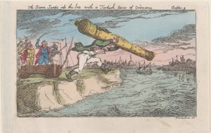 The Baron Jumps into the Sea with a Turkish Piece of Ordnance, [1809], reissued 1811 by Thomas Rowlandson