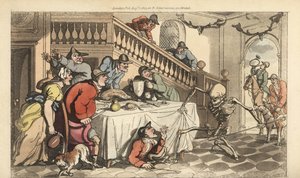 The skeleton of Death comes for a Hunter as he hides under a table after a fox hunt. Handcoloured copperplate drawn and engraved by Thomas Rowlandson from The English Dance of Death, Ackermann, London by Thomas Rowlandson