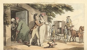 The skeleton of Death leads an old man into a mausoleum, leaving his young widow free to remarry