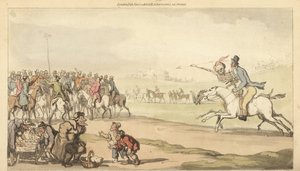 The skeleton of Death rides with a man toward the betting post on a racetrack, while children play a game of lotto by Thomas Rowlandson