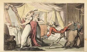 The Skeleton of Death with His Hourglass Comes for a Beautiful Coquette in Her Bedroom as She is Dressed for a Ball by Her Servants by Thomas Rowlandson