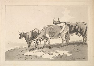 Three Cows Standing on the Ridge of a Field by Thomas Rowlandson