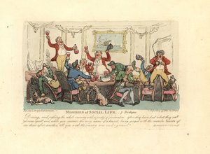 Tired and drunken man at a raucous dinner party with foxhunters by Thomas Rowlandson