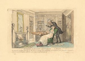 Woman sleeping at a desk while a man reads her secret thoughts