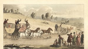 Young English gentlemen racing four-horse carriages on a road by Thomas Rowlandson