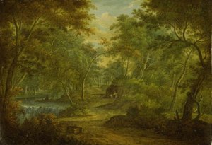 A Wooded Landscape with a Stream and a Fisherman