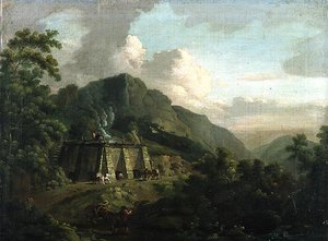 Wooded Landscape, with Workers and Horses Working a Lime Kiln