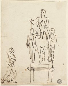 Sculpture of Horseman Accompanied by Two Standing Figures, with Sketch of One of Latter