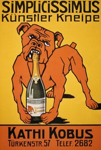 Vintage Poster of Bulldog Biting Champagne Bottle by Thomas Theodor Heine