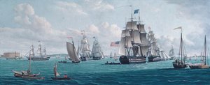 The U. S. Ship Franklin, with a View of the Bay of New York, 1820s or 1830s by Thomas Thompson