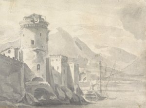 Fortified Buildings Rising Steeply from a River Bank (in Italy ?) with Boat Centre and Distant Mountains by Thomas Wyck