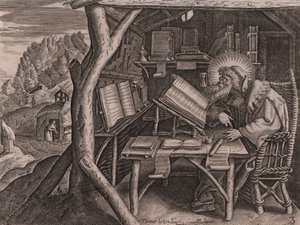 Saint Evagrius Ponticus immersed in his studies (etching and burin by Thomas de Lieu)