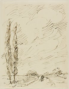 Tramp on a Road with Two Poplar Trees