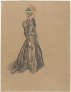 Standing Lady in Black Outfit with Train and a Colored Straw Hat with Summer Flowers by Théophile Alexandre Steinlen