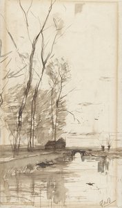 Canal View with Tall Trees, a Farmhouse, and a Bridge by Théophile de Bock (possibly)