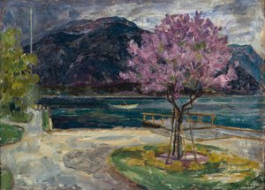 Coastal Landscape with Blooming Almond Tree