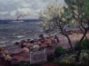 Summer Landscape with Garden Gate and Woman by Thorolf Holmboe