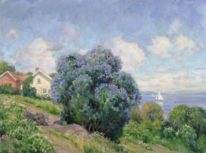Summer landscape with lilac bush, house and sailing boat by Thorolf Holmboe
