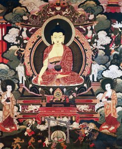 Buddha seated between his two great disciples Cariputra and Maudgalyayana, scenes from the Life of Buddha Sakyamuni, Tibetan civilization