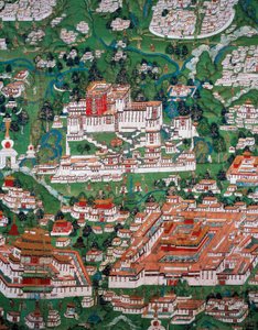 The city of Lhasa and the Potala, colored engraving by Tibetan School