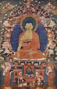 Tibetan Temple picture of Buddha enthroned, 18th century, reproduced in The Outline of History: being a plain history of life and mankind by H.G. Wells, London